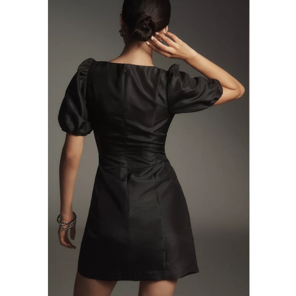 Anthropologie Hutch Cove Black Boat Neck Button Front Puff Sleeve Mini Dress - Picture 2 of 9